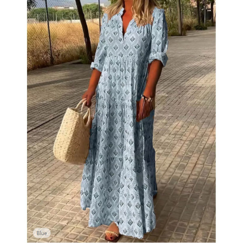 Robe Ample Plissée à Col Montant Vintage