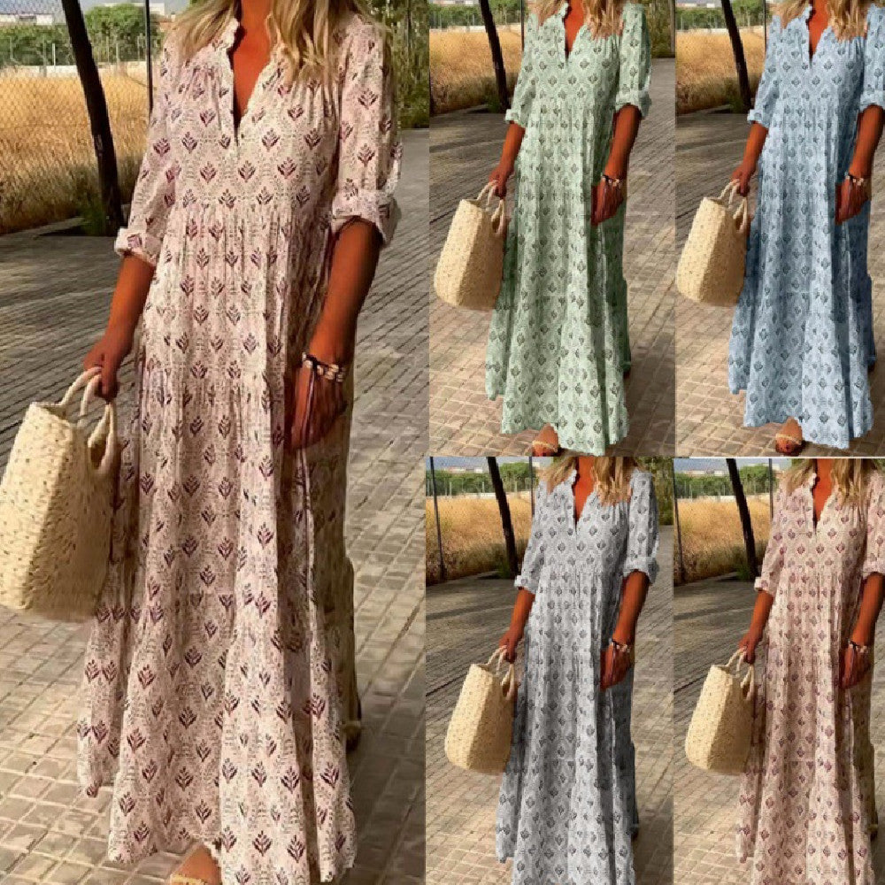 Robe Ample Plissée à Col Montant Vintage