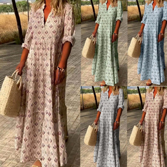 Robe Ample Plissée à Col Montant Vintage
