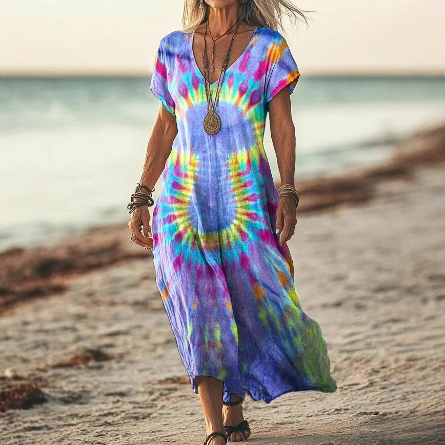Robe Longue Tie & Dye à Manches Chauve-souris