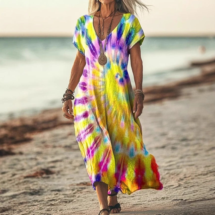 Robe Longue Tie & Dye à Manches Chauve-souris