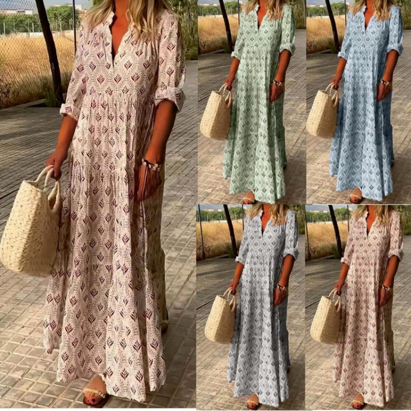Robe Ample Plissée à Col Montant Vintage