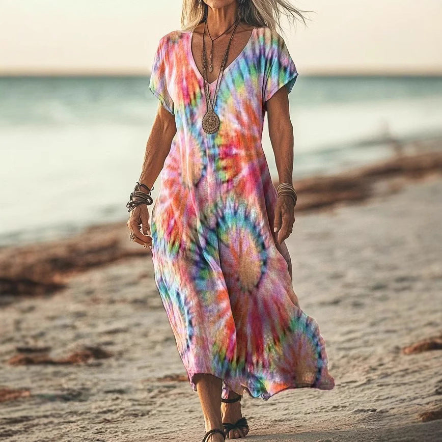 Robe Longue Tie & Dye à Manches Chauve-souris