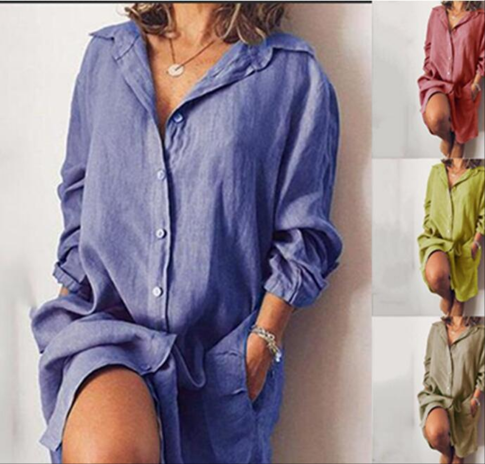 Chemise Longue Unie à Poches Femme