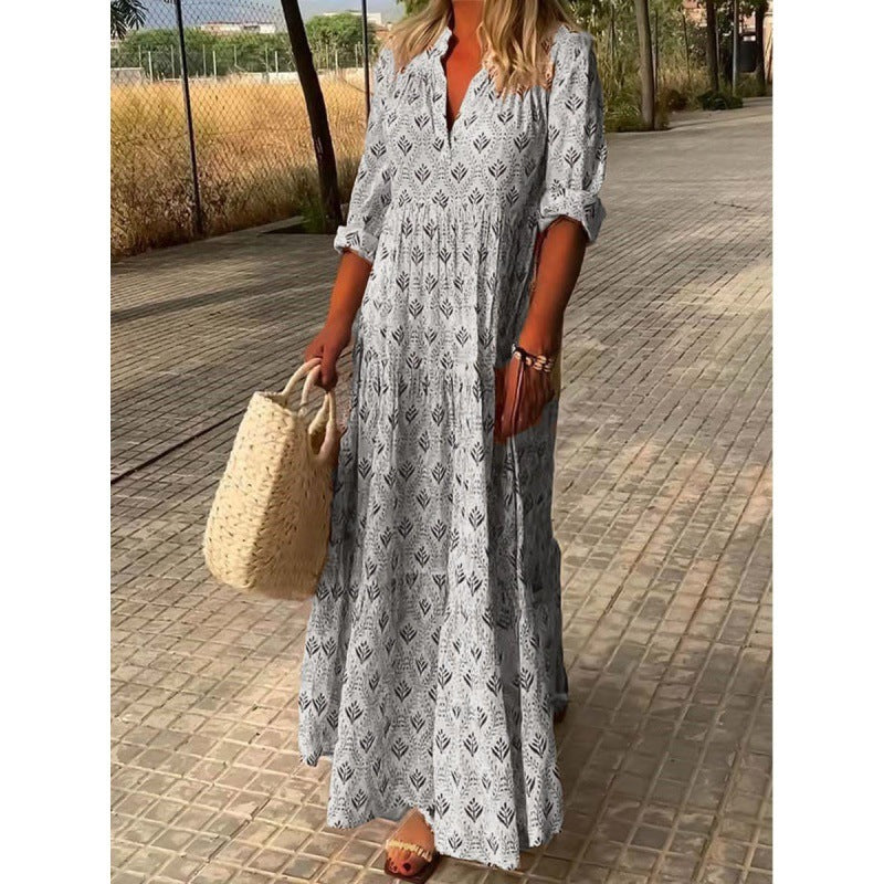 Robe Ample Plissée à Col Montant Vintage