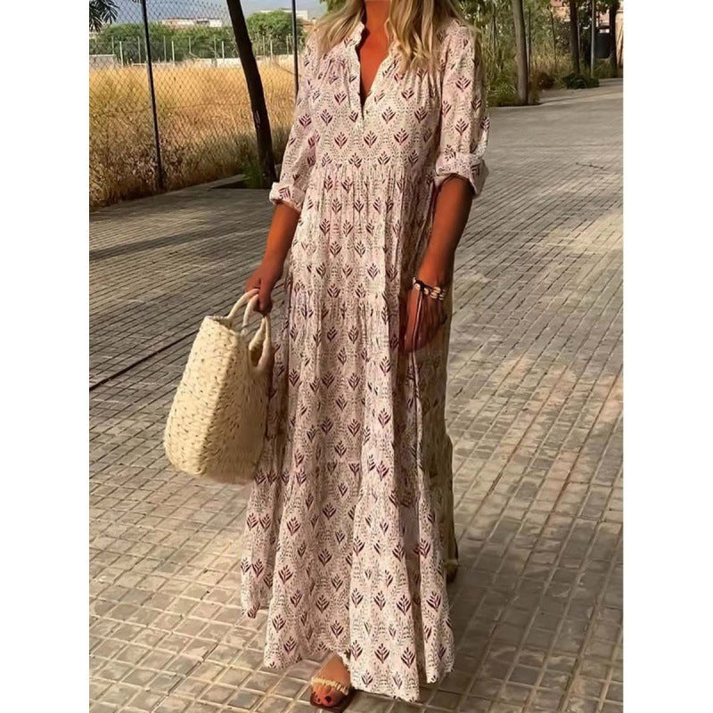 Robe Ample Plissée à Col Montant Vintage